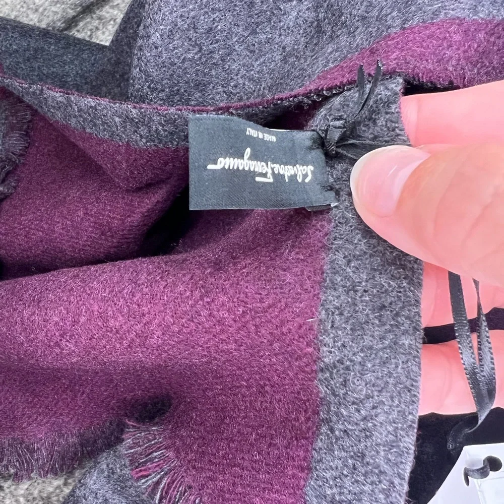 Salvatore Ferragamo 1927 Charcoal Burgundy Logo Mens Scarf